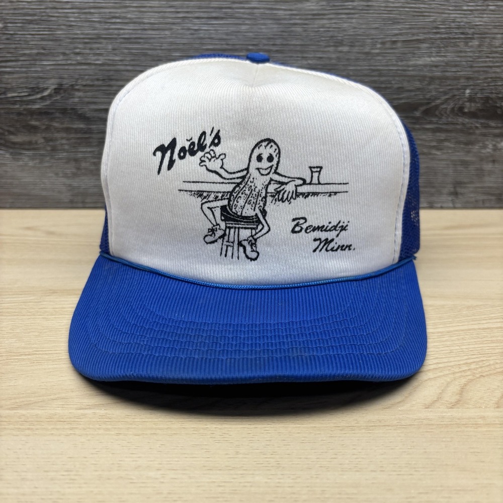 Vintage Noel's Bemidji Minn Hat Cap Snap Back Blue White Bar Advertising 80s